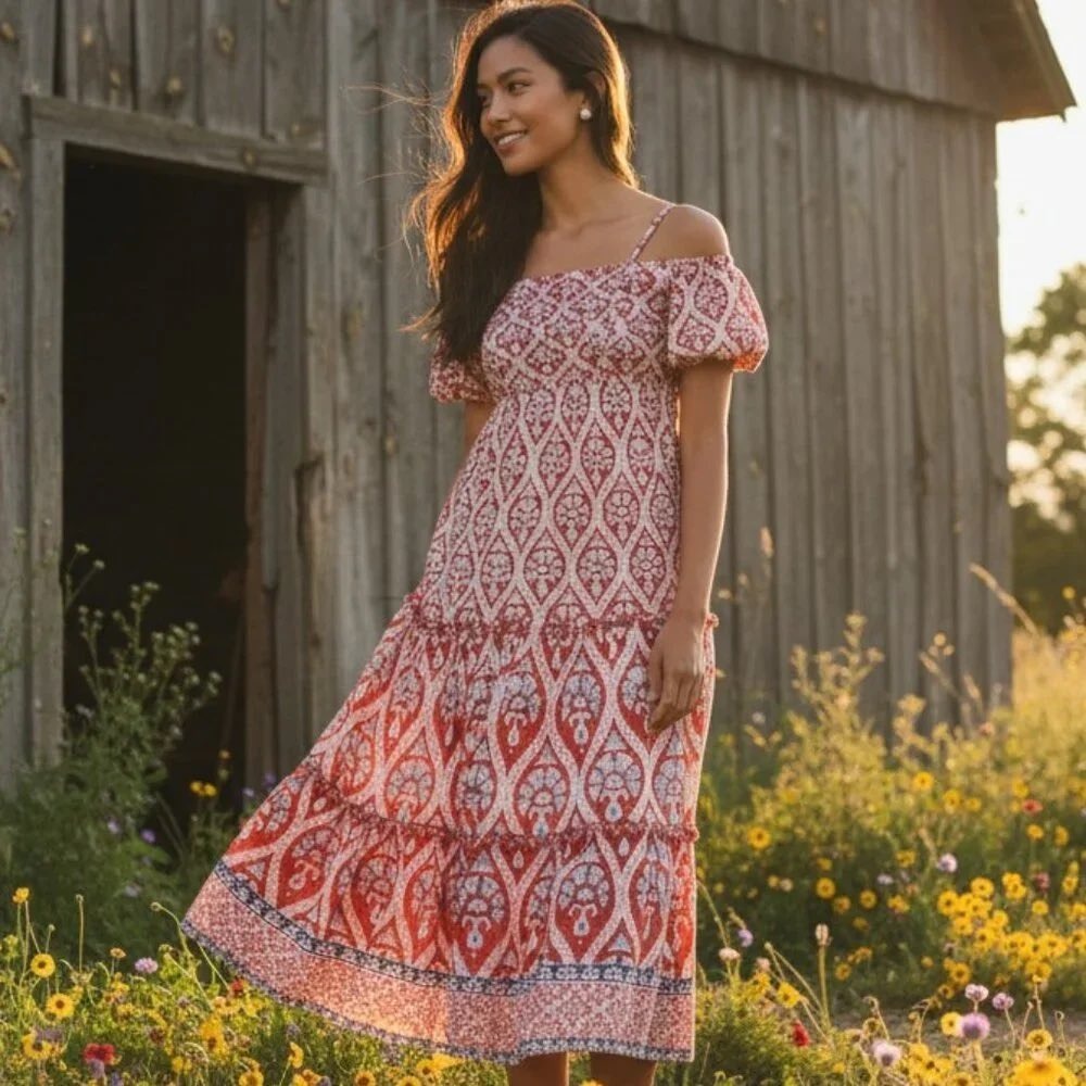 Tuckernuck Ash & Eden Fenya Midi Dress Multi Print‎ Tiered Smocked Boho NWT XS